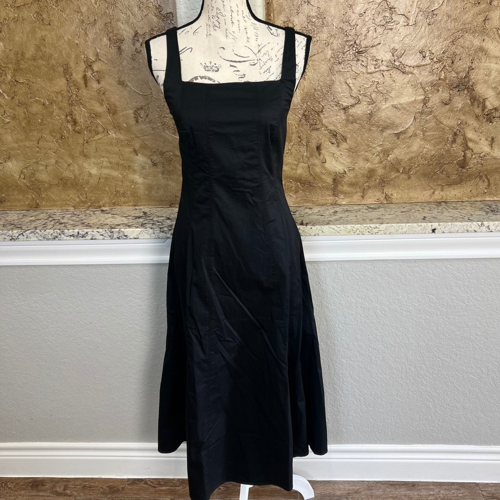 NWT Quince Stretch Cotton Poplin Fit Flare Midi Dress Small Black Square Neck